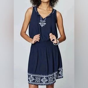 J.Jill Blue Embroidered Sleeveless Smocked Waist Peasant Boho Dress Size MP